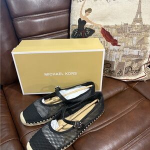 Michael Kors Black Mesh Espadrille Mary Jane Flats with Jute Trim